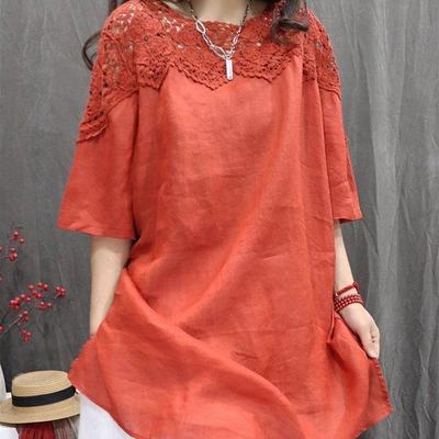 Cotton Linen Women Shirt Retro Hollow Lace Loose Casual Fashion Mid Sleeve Top