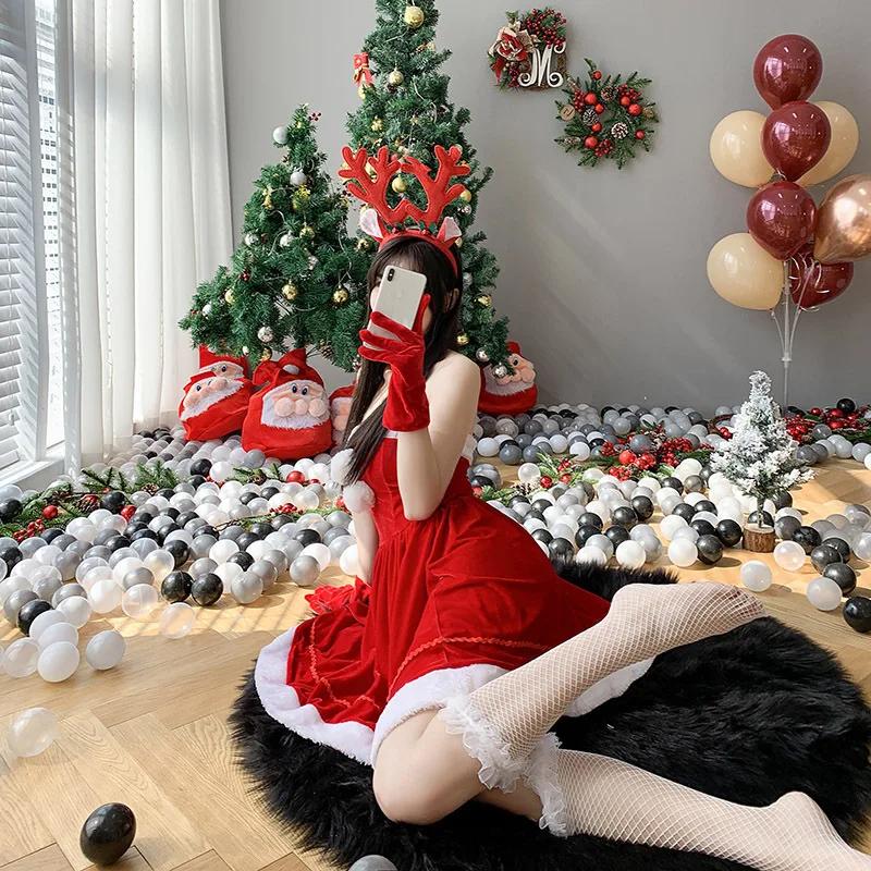Christmas Party Dance Stage Dress Set Autumn Winter Cute Christmas Red Shawl Dress Women Sweet Plush Patchwork Drawstring