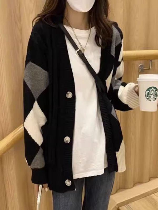 Damen Midilanger Colorblock Rautenstrick Cardigan - Lockerer, Lässiger Stil