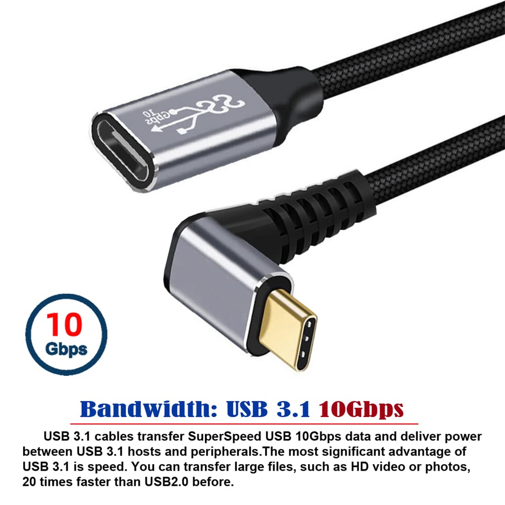 Cablecc 10Gbps 100W Male To Female USB Type C Angled Extension Data Cable with Sleeves for 2M 3.1 USB-C Up/Down Laptops,