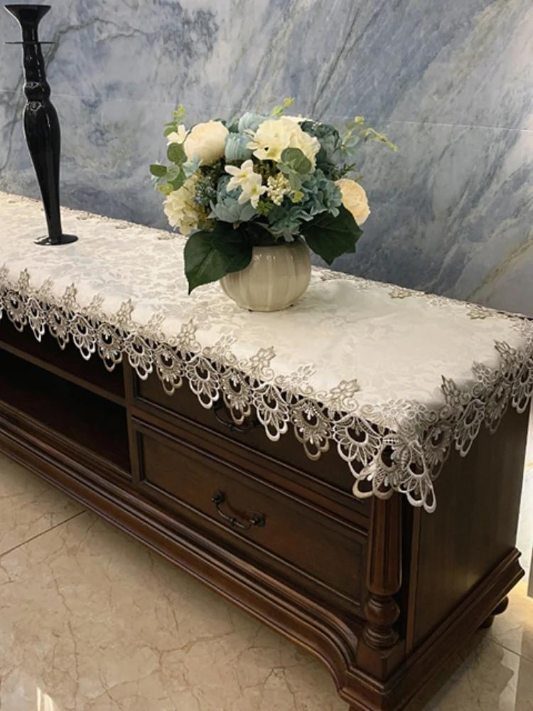 Față de masă dreptunghi cafea din dantelă brodata dulap TV Shopbox Față de masă din țesătură husă de praf cu bandă lungă
