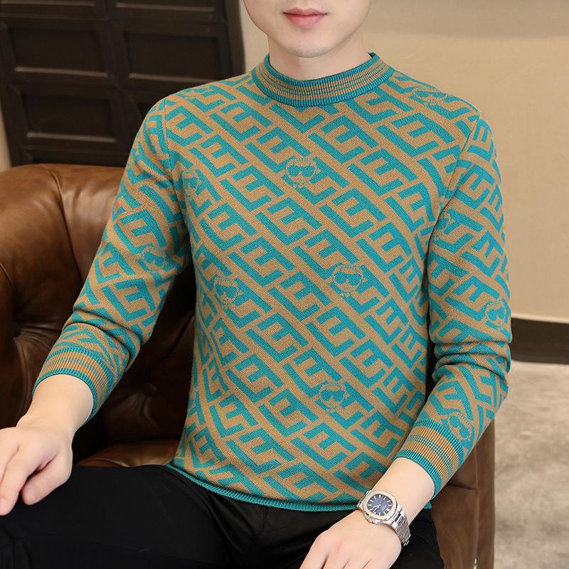 2025 Men s Slim Fit Jacquard Sweater - Trendy Autumn/Winter Round Neck Base Layer XL зелёный