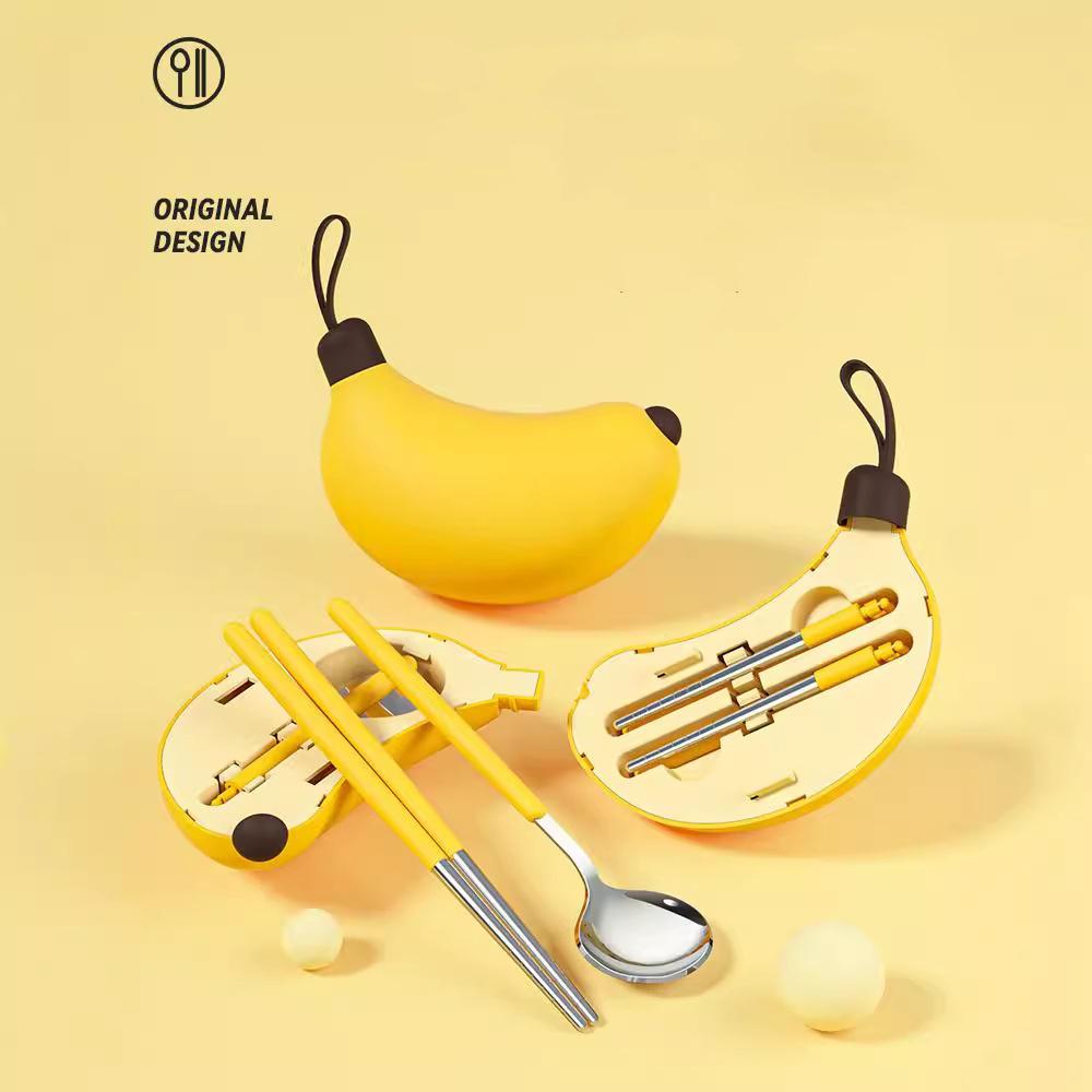 Cartoon Banana Portable Cutlery Spoon Chopsticks Serving Dinner Set 304 Stainless Steel Folding Cutlery