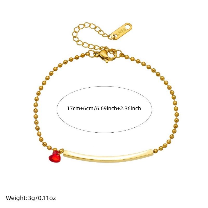 Bracciale a Catena a Palline Placcato Oro con Barra e Cuore Rosso in Zirconia Cubica