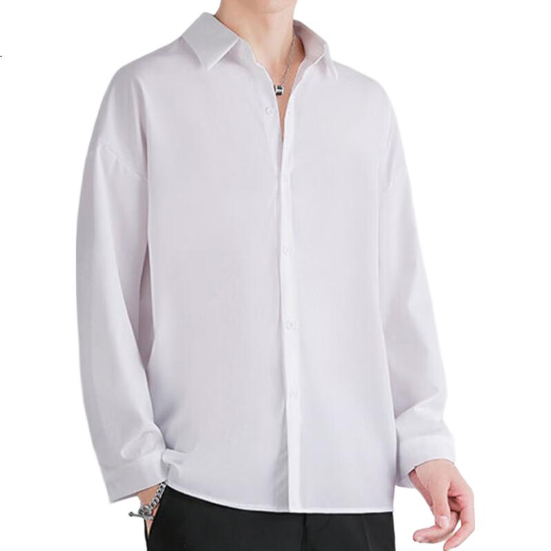 VANCAMEL Langarmhemd für Herren, Lockeres Freizeit-Oberteil für Herren, einfarbige Kleidung im koreanischen Stil, Schwarz, 2XL