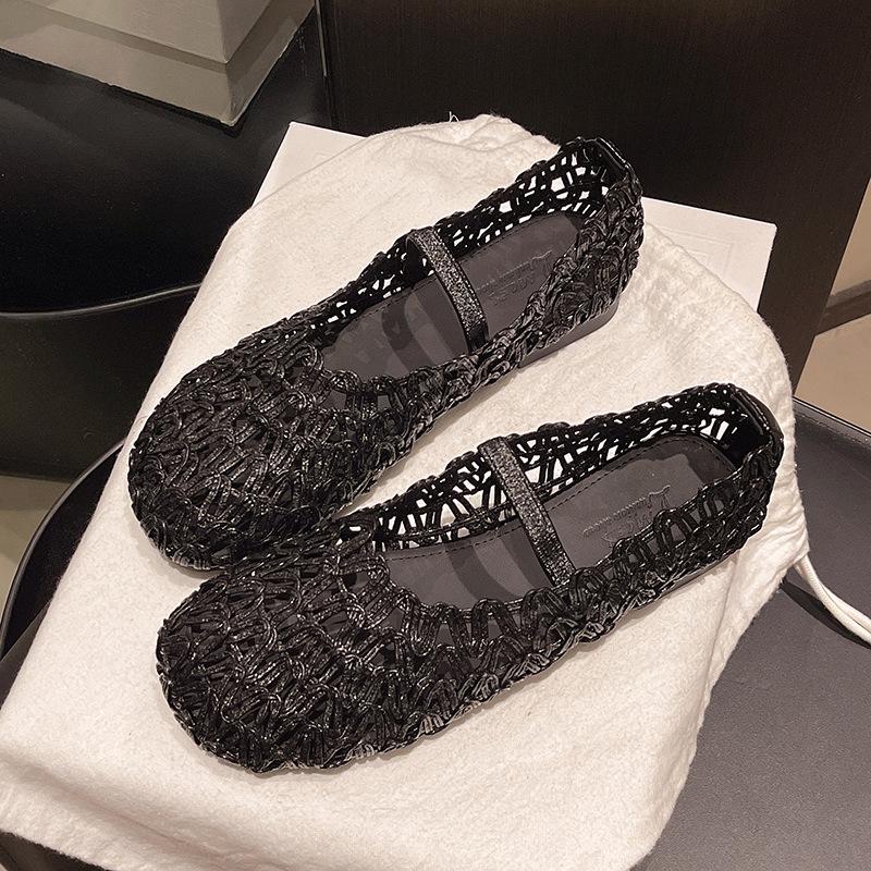 2025 summer new retro woven hollow word belt Mary Jane shoes femininity round head flat bottom shallow mouth single shoes