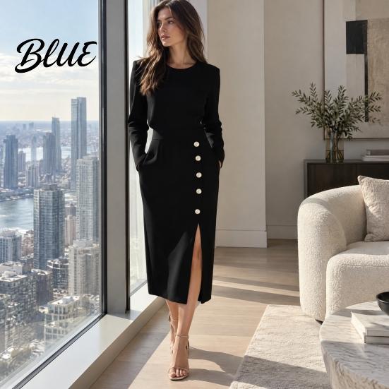Commuting Dress Women Solid Color Midi Dress Slim Fit Autumn with Side Slit O-Neck Long Sleeve Metal Buttons Decor Formal Evening