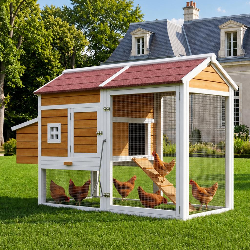 Pollaio, Invernale, Legno di Abete, Per 6-7 Galline, Cassette Nido, Vassoio Estraibile Zincato, 2 Posatoi, Recinto Esterno, 185x91x115 cm, Colore Legno