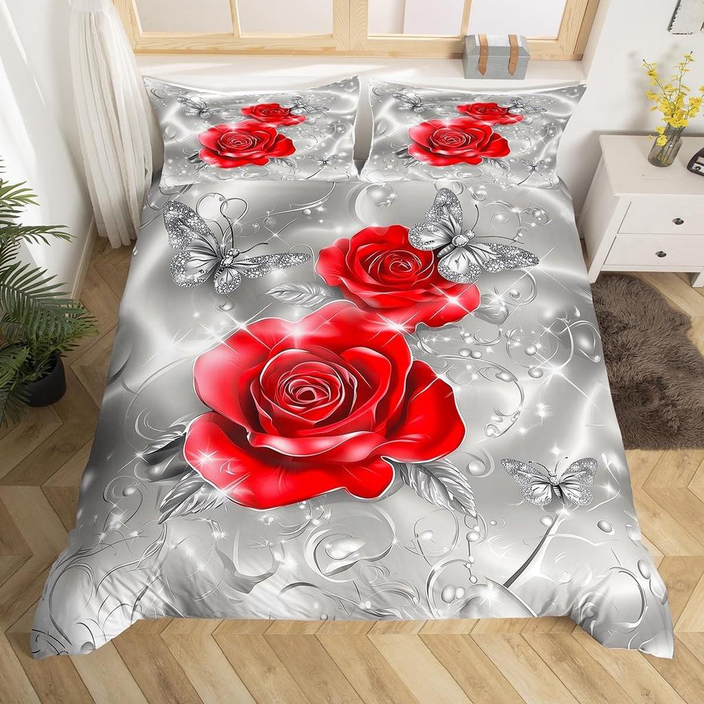 Rose Butterfly Duvet Cover Queen King Size Butterfly Valentine'S Day Quilt Cover Bedding 3 Pcs Rose Flower Quilt Cover 3 Pcs