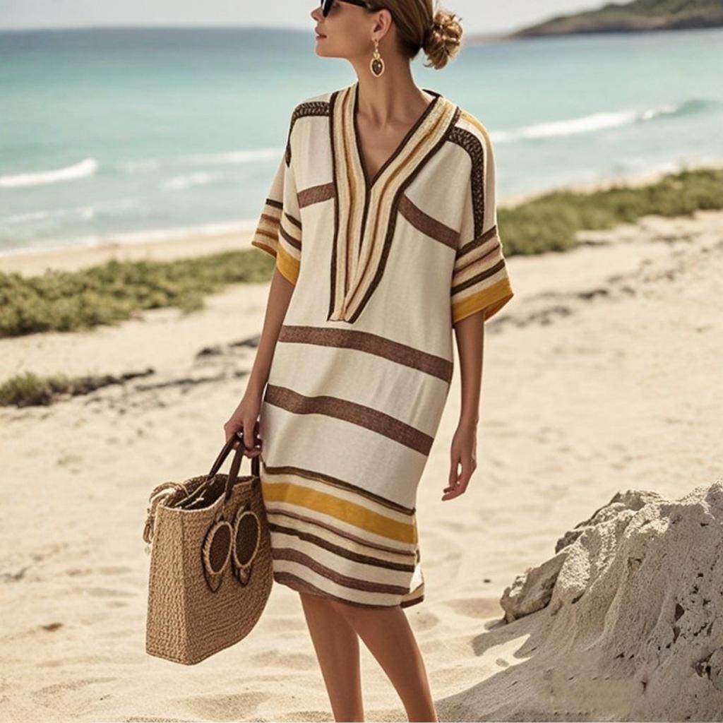 Damen Freizeit Bequem Baumwolle Leinen Kurzarm Tunika Strandkleider Mit Taschen