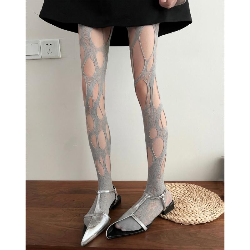 Women Goth Sexy See Through Fishnet Tights Stockings Hollowed Out Irregular Distressed Hole Sheer Mesh Pantyhose