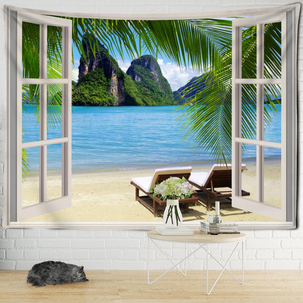 Sonnenuntergang am Meer Fenster Landschaft Malerei Wandteppich Hängen Boho Hippie Kunst Tapiz Ästhetik Room Decor