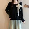 Square-neck Long-sleeved Knitted Sweater, Women's Spring and Autumn Large-sized Tie Bow Top Base Layer