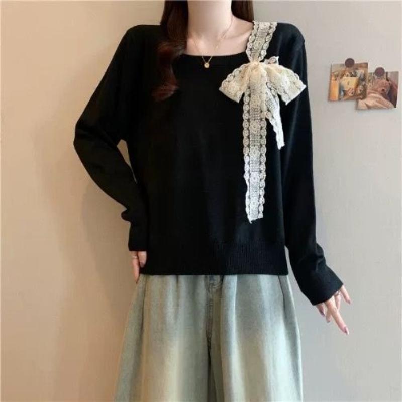 Square-neck Long-sleeved Knitted Sweater, Women's Spring and Autumn Large-sized Tie Bow Top Base Layer