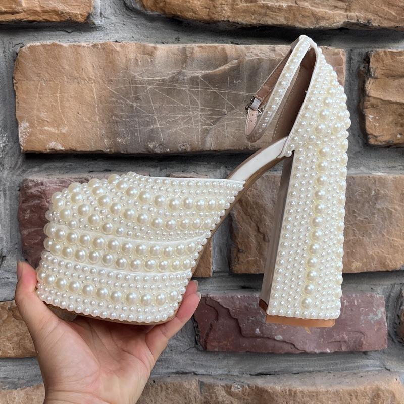 Fashion Brand Handmade Inlaid Pearls/rhinestones Sandals Wedding Bride Party Bownot Nightclub Steel Pipe Dance High-heeled Shoes Size 42