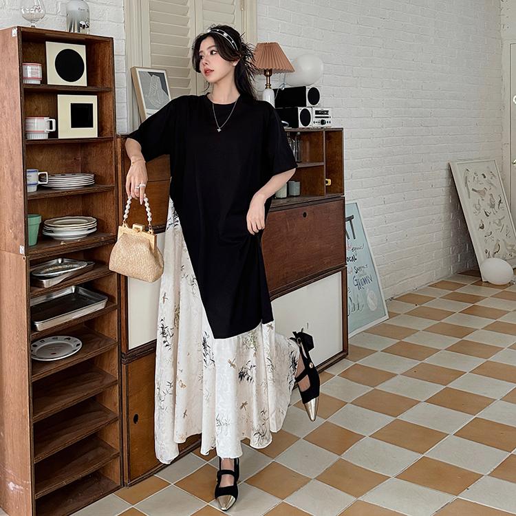 Dimanaf Vestido de Verano Talla Grande para Mujer Casual Empalmado Suelto Vintage Vestido Largo Básico de Manga Corta Maxi