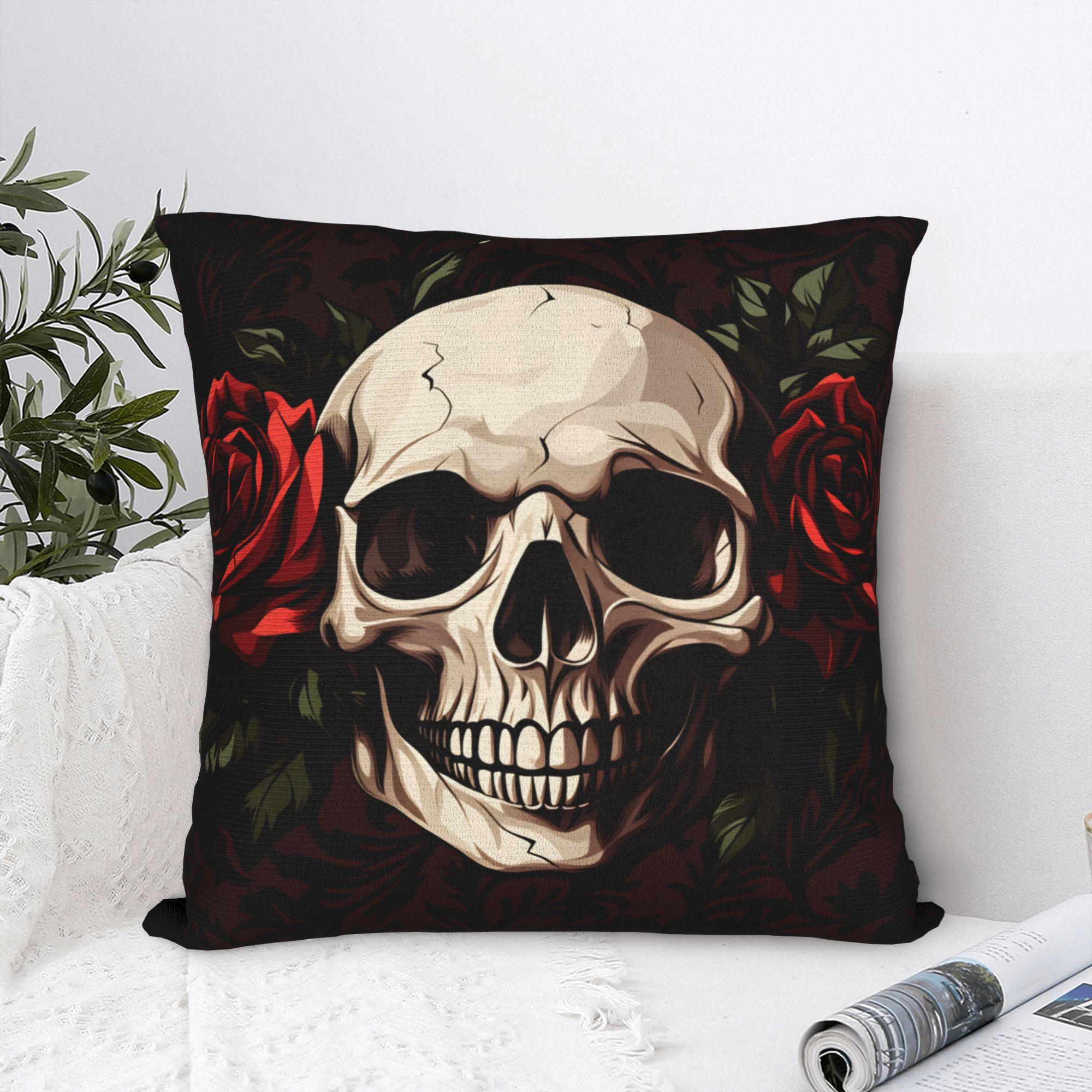 Fine Glasses Unisex Edgy Skull & Rose Pillow Case Square Pillow Cover For Chair Sofa Home Decor Morden Pillowcases