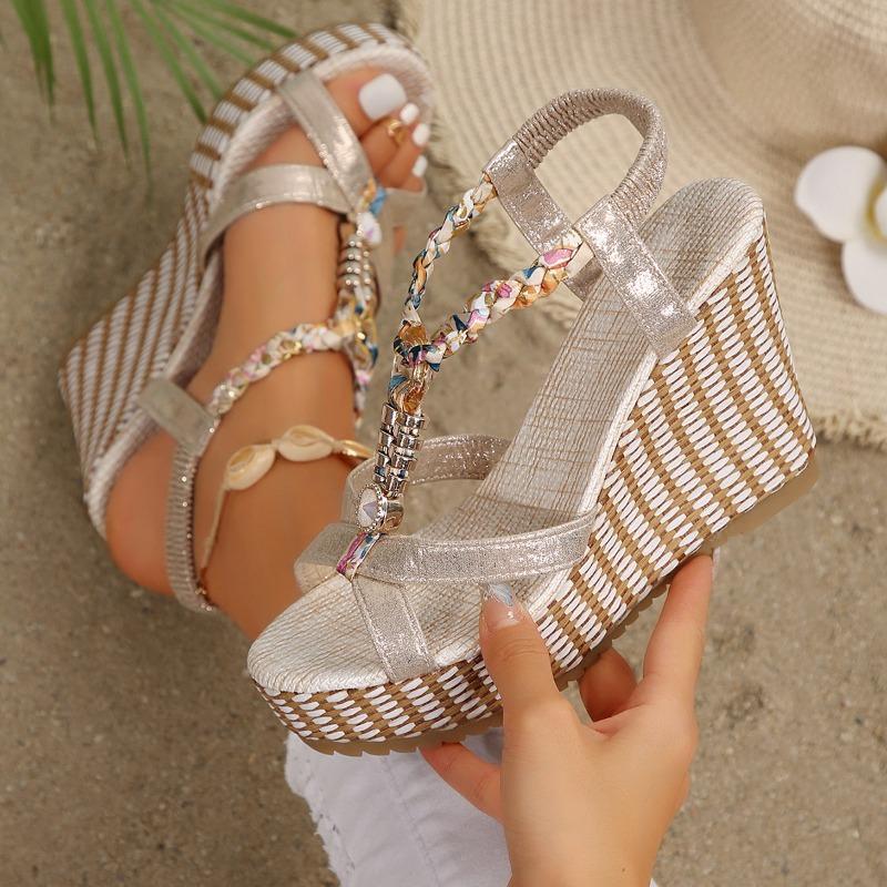Damen Übergröße Farbblock Gewebte Keilsandalen Hohl Ausgeschnitten Offene Zehen Lässige Sommer Tägliche Schuhe