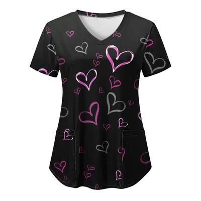 Women's Scrubs Tops Nurse Uniform Heart 3d Print T-shirt Women Fashion V-neck Pocket Overalls Medical Uniforms Workwear