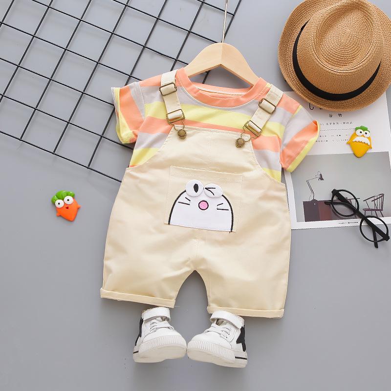 Children's set, cartoon overalls for boys and girls, striped two-piece set, summer fashion, trendy children's clothing
