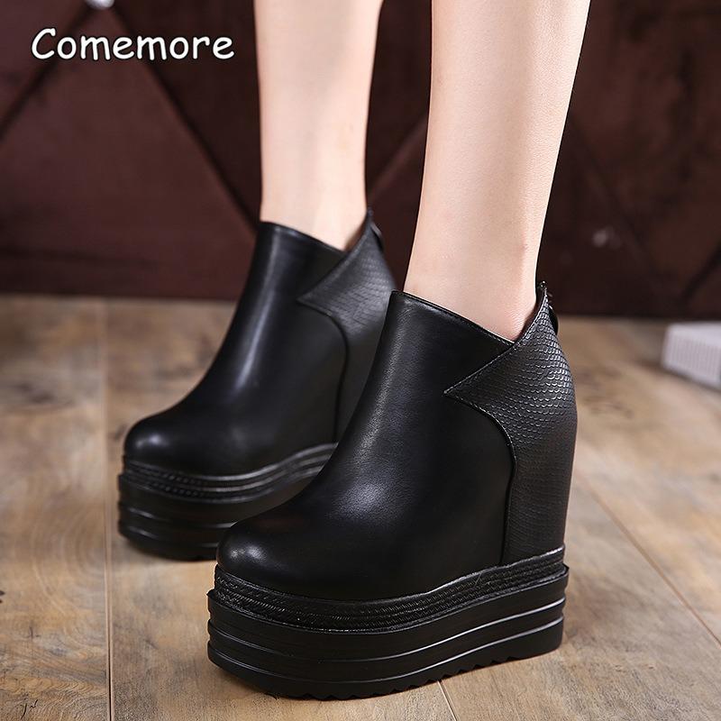 14CM Super High Heel Platform Ankle Boots for Women PU Black Wedge Shoes Back Zipper Plush Autumn Winter Short Botas Size 34 39