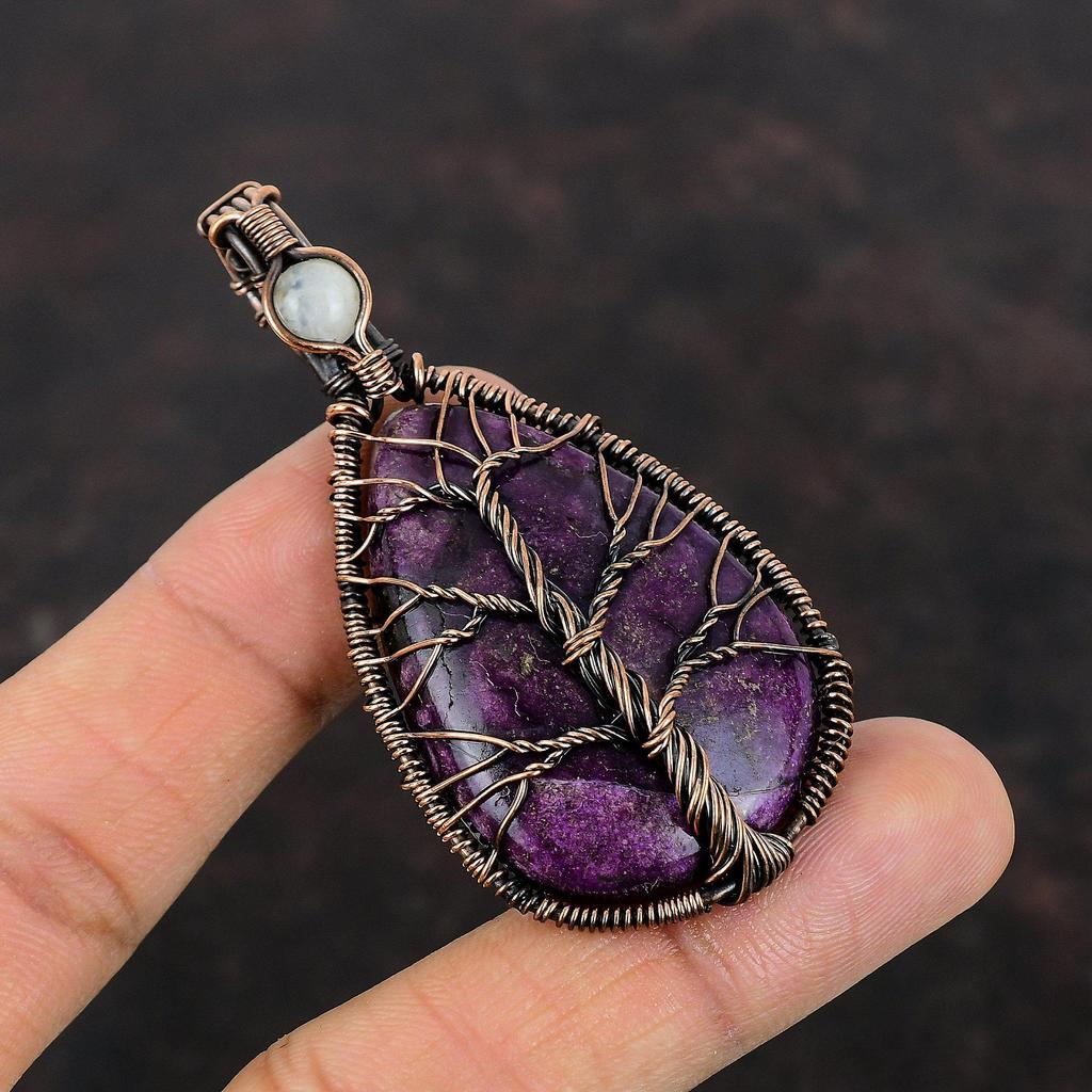 Tree Of Life Purpurite Pendant Copper Wire Wrapped Jewelry Rainbow Moonstone Pendant Handmade Jewelry Copper Wire Pendant Gemstone Pendant