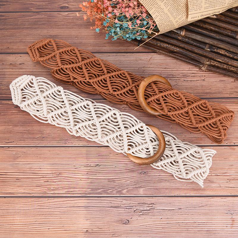 Vintage Breite Böhmische Gürtel Für Frauen Runde Holz Schnalle Geflochtenes Seil Gürtel Weiblich Lässig Häkeln Boho Kleid Taillenband