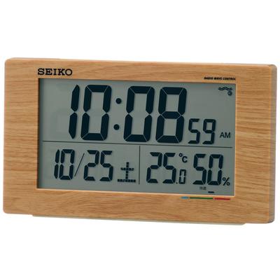 Clock Alarm Clock Table Clock Natural Radio Digital Calendar Comfort Temperature Humidity Display Light Brown Wood Grain SQ784A SEIKO