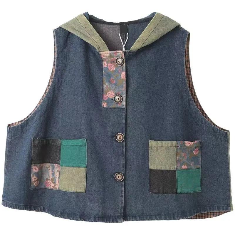 Denim Vest Women's Hooded Sleeveless Jacket Spring Summer Femme Korean Vintage Printed Patchwork Denim Waistcoat