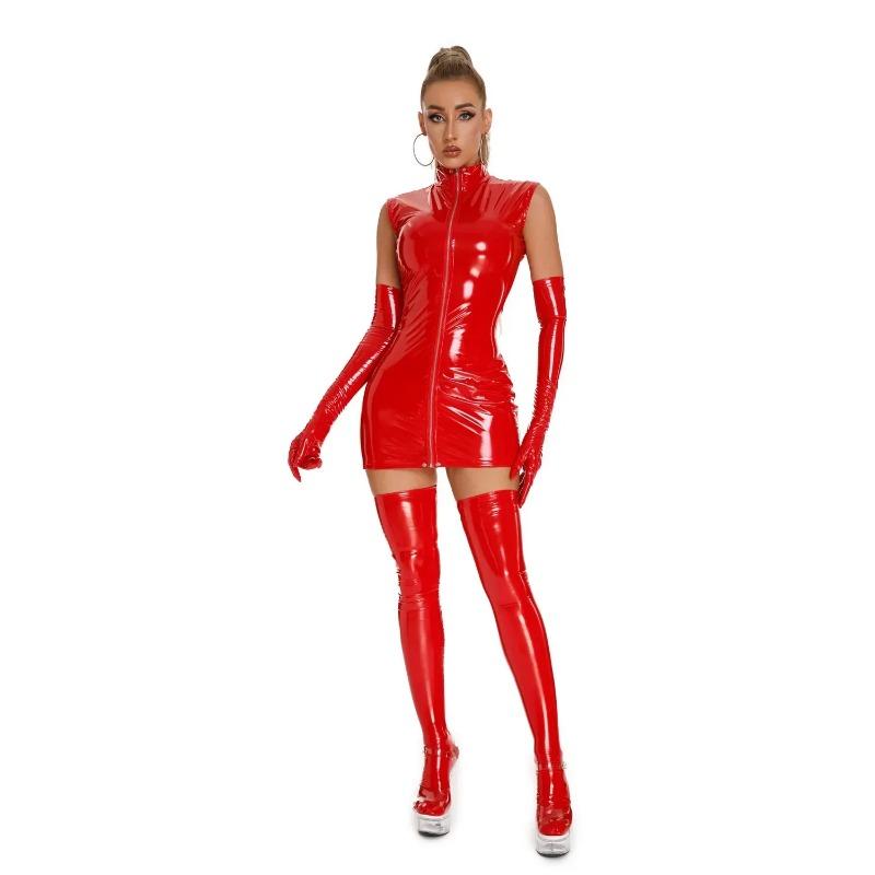 PU Leather Dress With Glove Stockings Punk Gothic Sexy Bodycon Mini Lingerie Dress Latex Catsuit Women Club Party Outfits