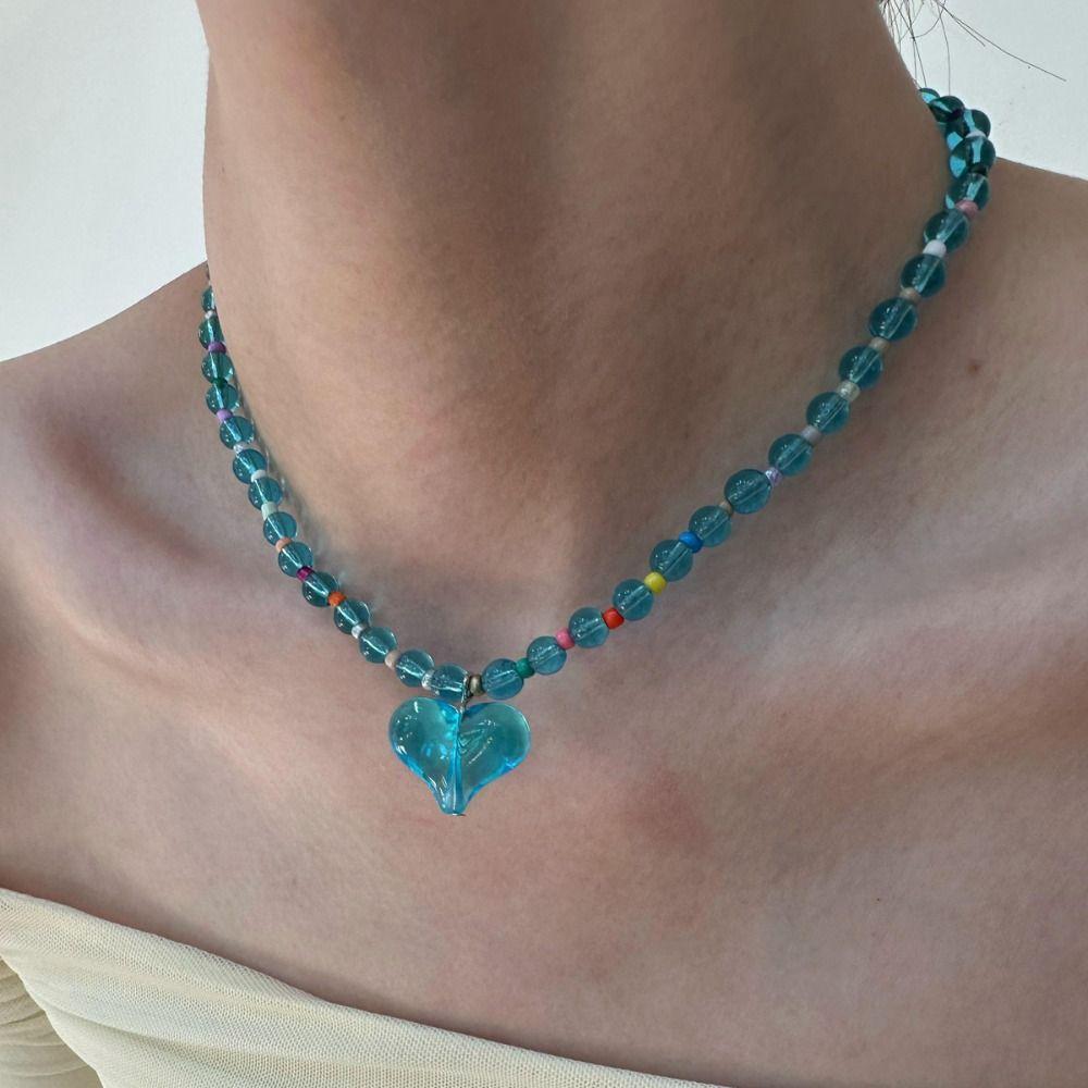 Beaded Transparent Love Heart Necklace Korean Style Clavicle Chain Sweater Chain Y2K Choker  Party