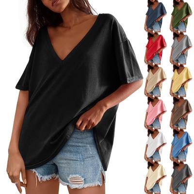 Damenmode Lässig Überschnittene Schulter Kurzarm Tief V-Ausschnitt T-Shirt Top