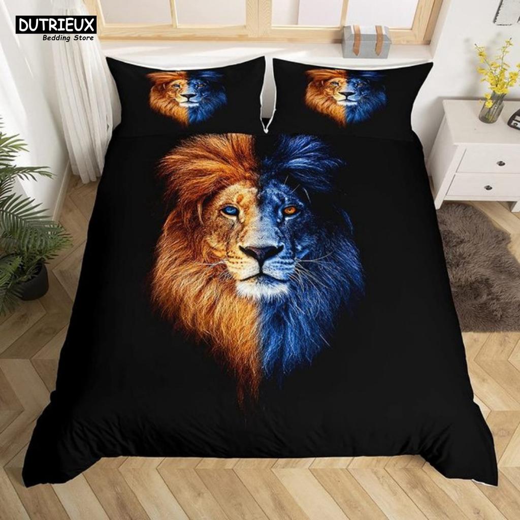 Comforter 3 - Pcs Strong Lions Tiger & Flame Wolf - Themed Bedding Set With Ideal For Kids & Women'S Rose Room Decor