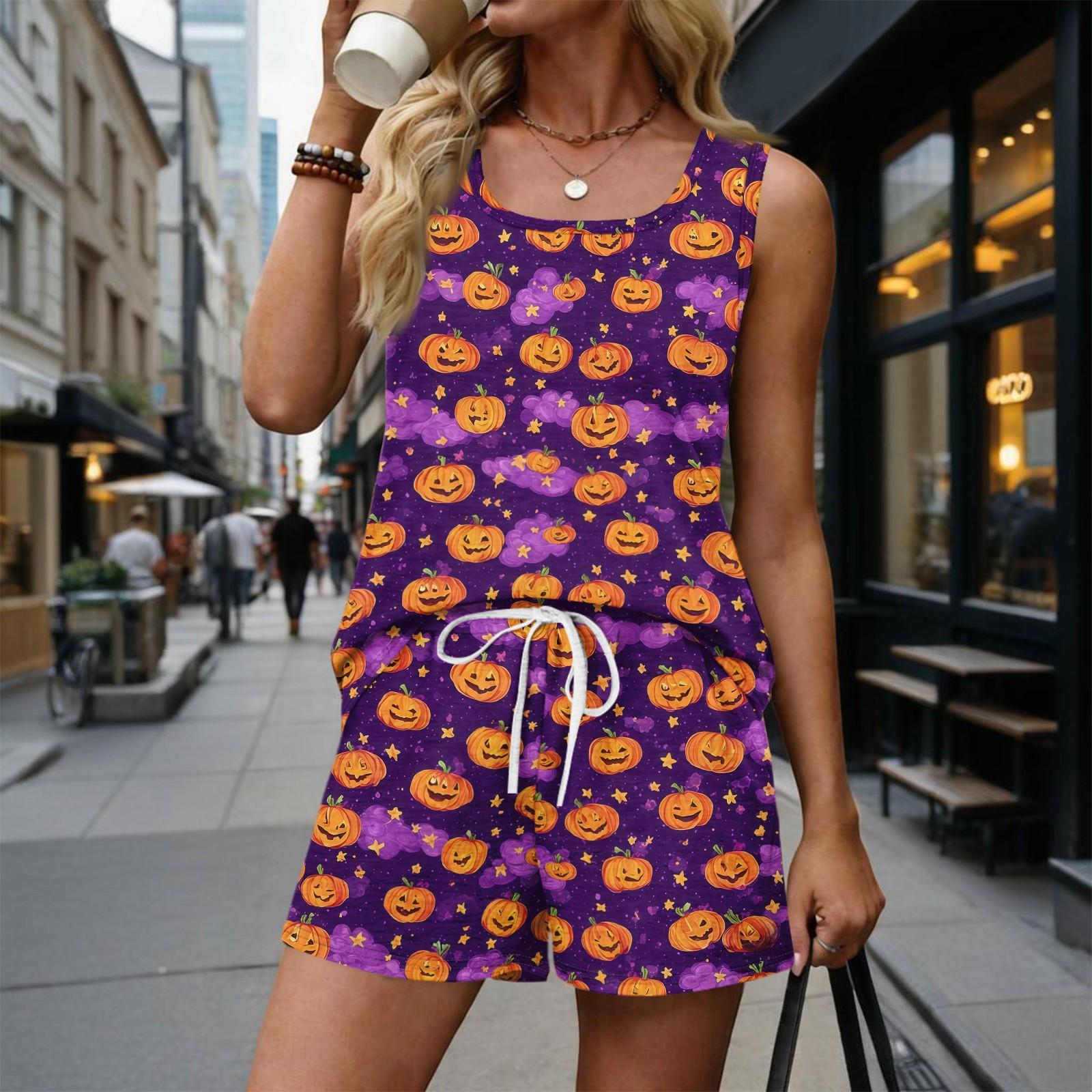 Women s Casual Halloween Color-Block Printed Sleeveless Set XXL