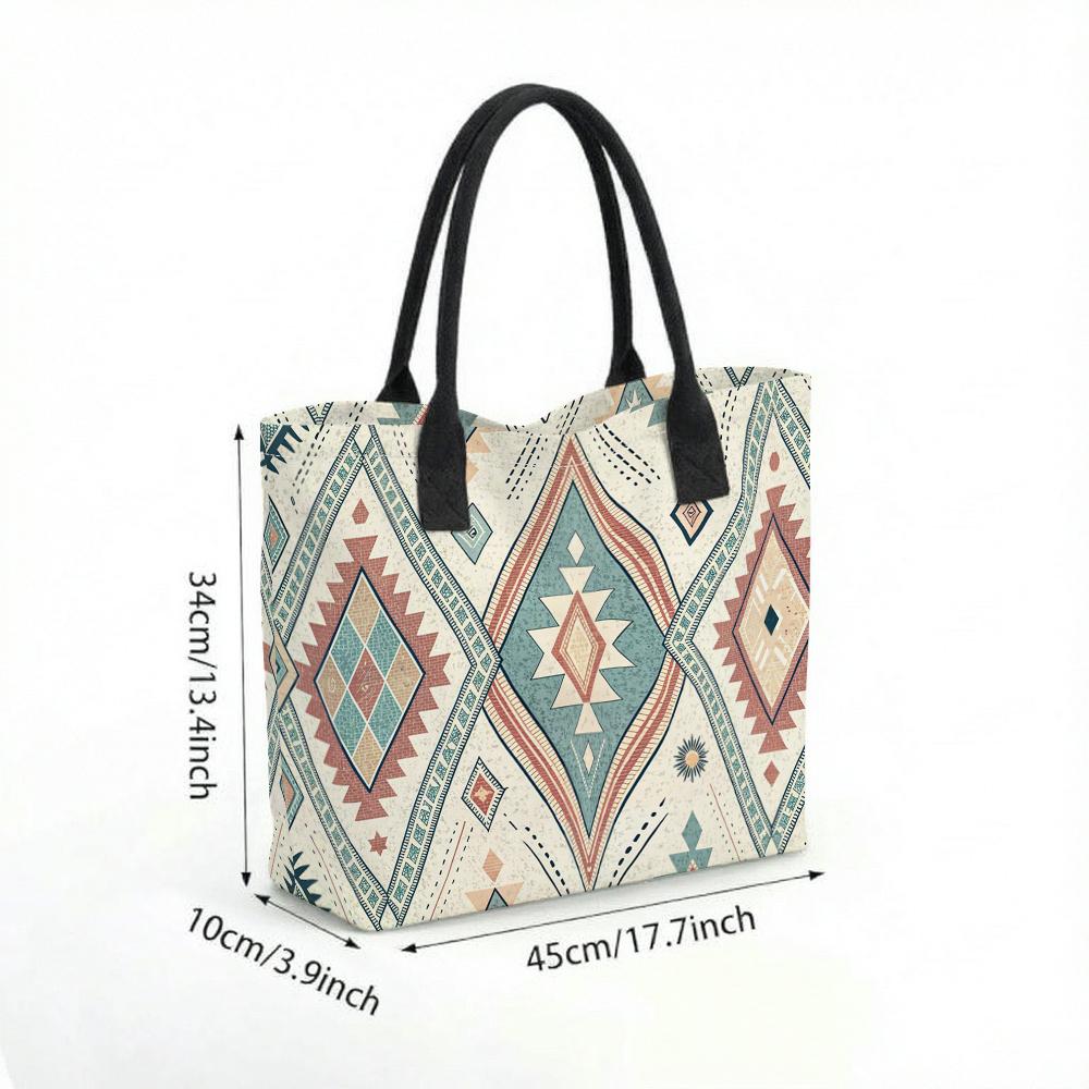 Boho Geometric Pattern Canvas Tote Bag Casual Large Capacity Daily Shoulder Handbag for Women