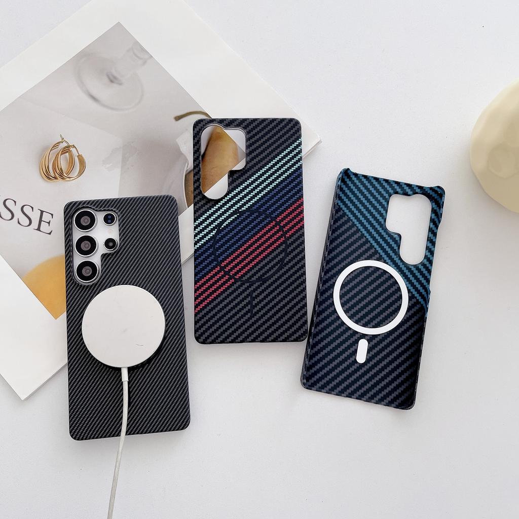 Carbon Fiber Pattern Suitable for Samsung S25 Ultra Half Pack Magnetic Suction Phone Case Samsung S23 Ultra Ultra Thin PC Hard Case