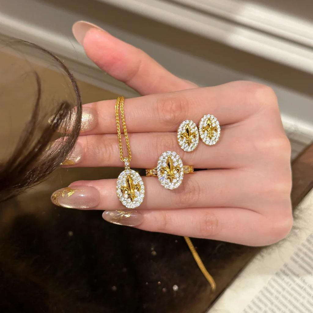 2025 Fashionable French Retro High Grade Iris Pendant Necklace, Light Luxury Flower Earstuds, Charm Diamond Set Open Ring