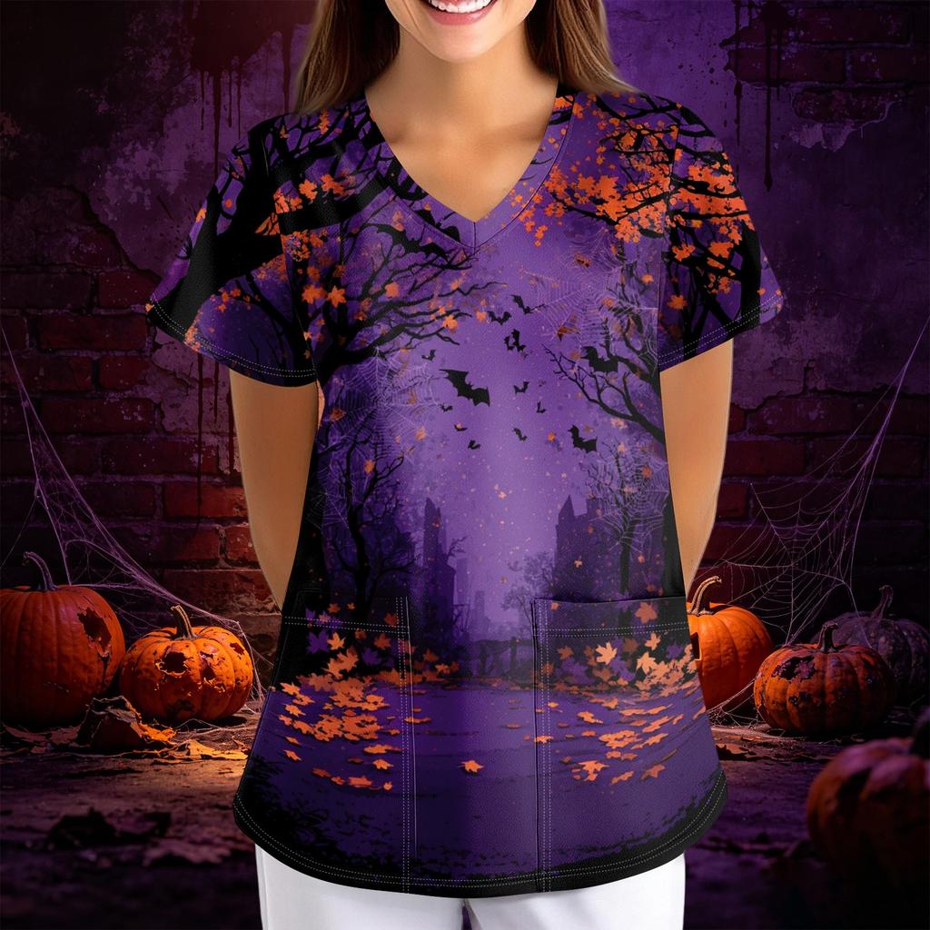 Women Halloween Print Loose Fit V Neck Short Sleeve Scrub Top with Pockets for Healthcare Professionals Comfortable Workwear