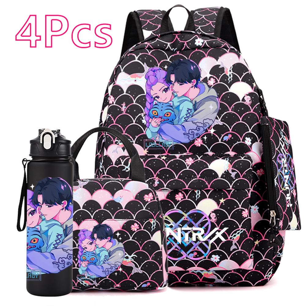 4Pcs/set Anime Cute Printed Backpack Large Capacity Bookbag HandBag Case Bag with 750ml Water Bottler Boy Girl SchoolBag Waterproof Mochila