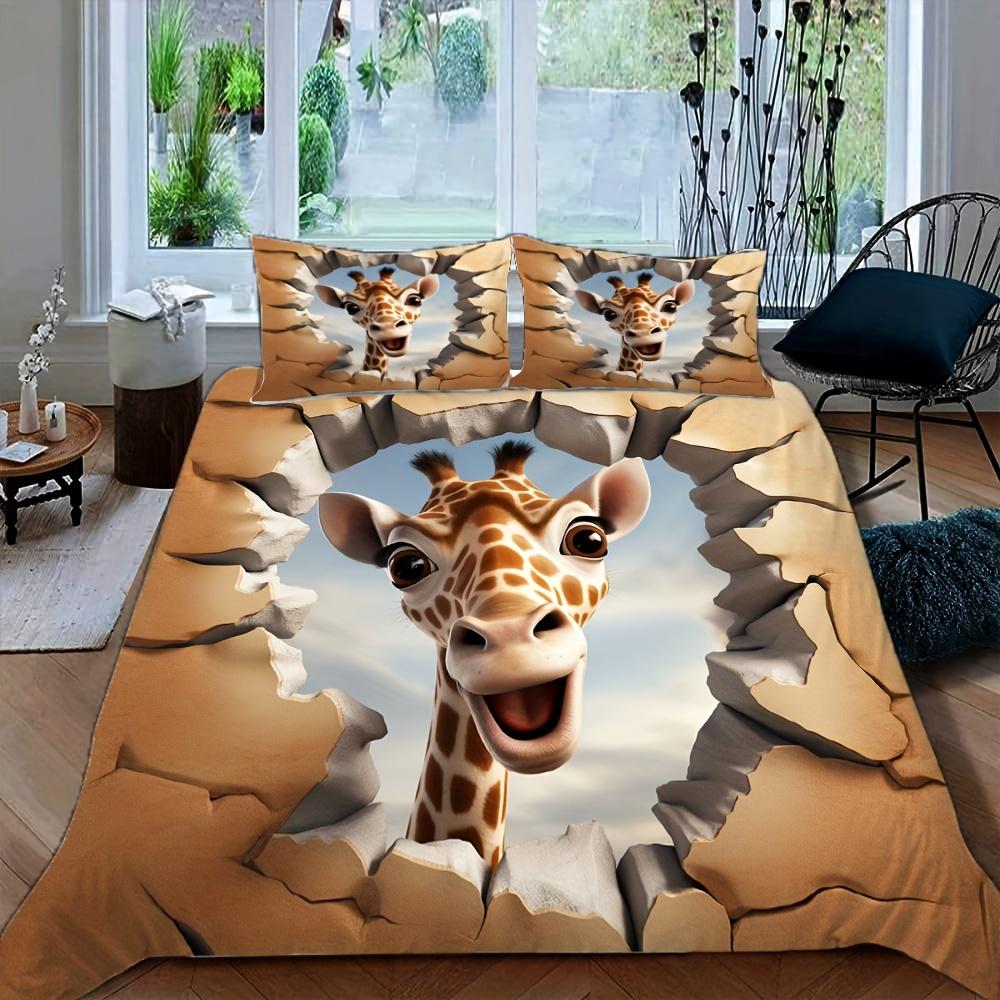 3D Giraffe Print Duvet Cover Set with Pillowcase Animal ThemeAll-Season Bedding Polyester Fabric Machine Washable Digital Print