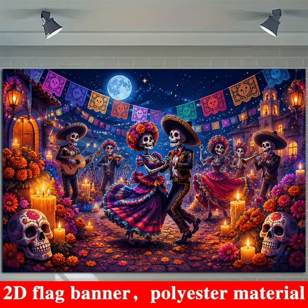 2D flat banner background for the Mexican Day of the Dead theme featuring a scene of dancing skeletons under a moonlitnight.zyc