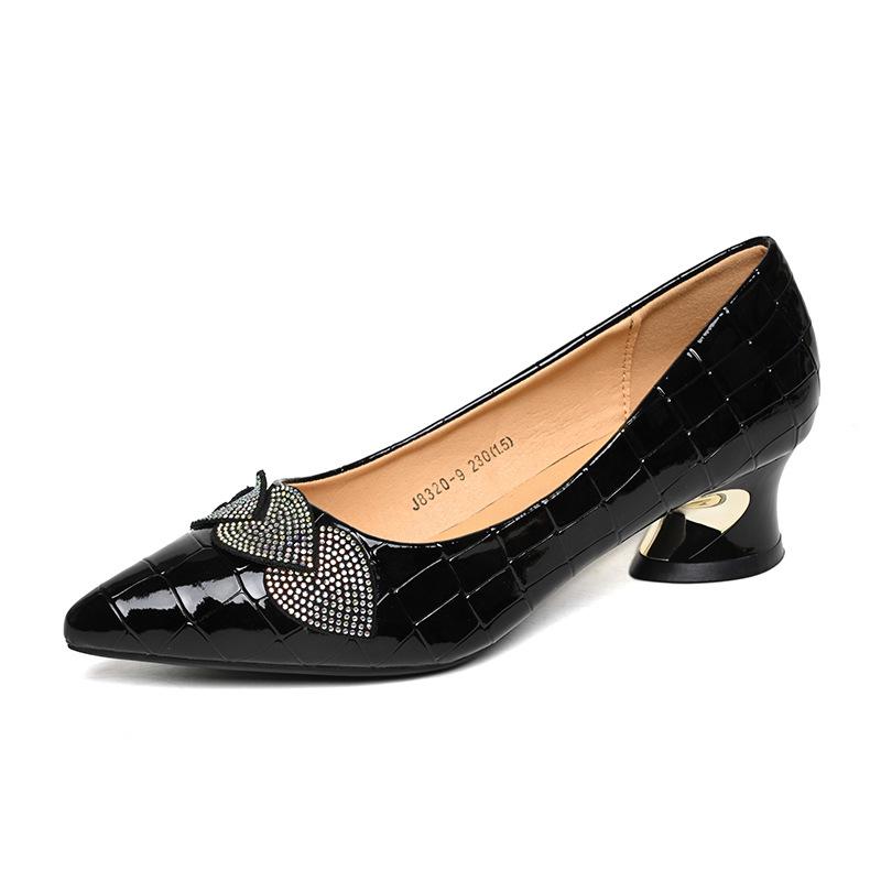 Patent Leather Rhinestone Thick Heel Single Shoes Women's Medium Heel Versatile Mother Shoes Pointed Large Size Shoes