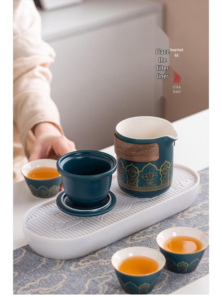 Ancient Charm Ceramic Travel Tea Set: Quick-Brew Pot with Three Cups for Outdoor Use - Customizable Logo Gift