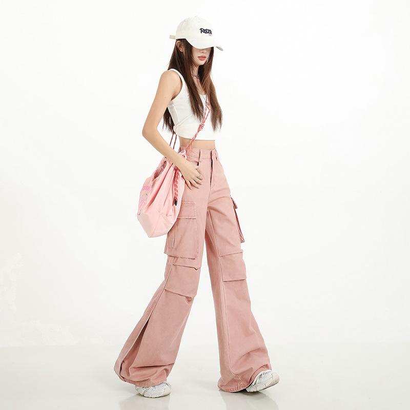 trendy pure cotton tooling casual micro-pull jeans women's loose sticker bag fashion deconstruction splicing non-stick leg flared pants