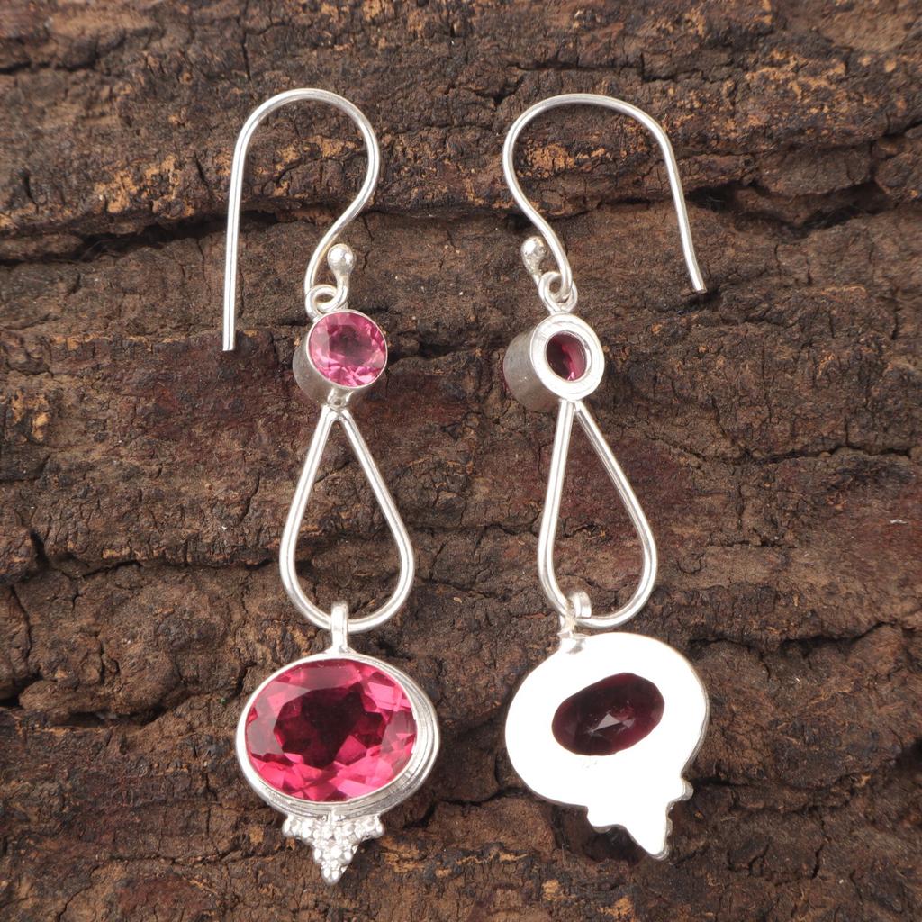 Natural Pink Tourmaline Gemstone 925 Sterling Silver Jewelry Hook Earrings2.50" EE-132-4