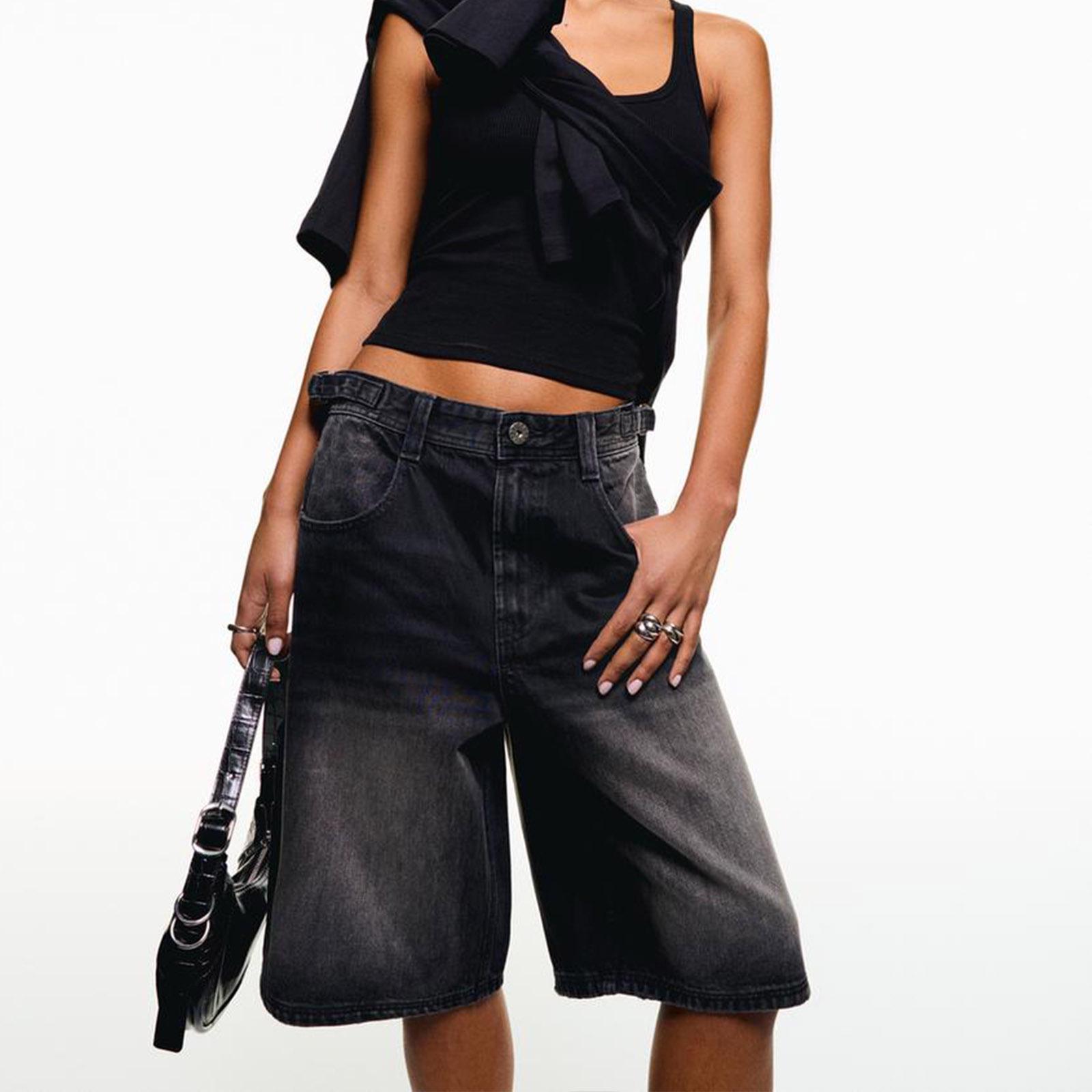 

European American Fashion Loose Mid-Length Women s Denim Shorts Small чорний