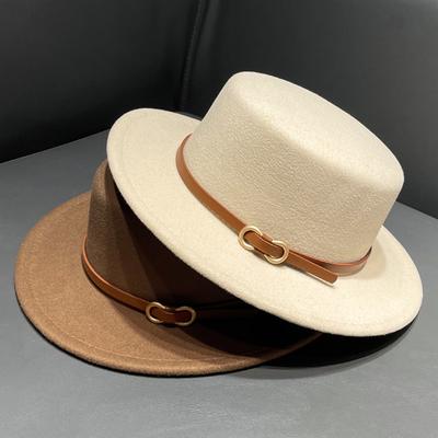 Sombrero de copa retro de lana estilo británico para mujer, moda versátil de otoño e invierno, hebilla de cinturón, copa plana, sombrero de jazz negro para hombre