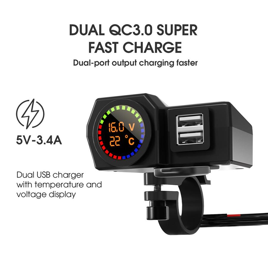 Waterproof Motorcycle Dual USB Phone Charger Adapter w/ Voltmeter & Temp Display