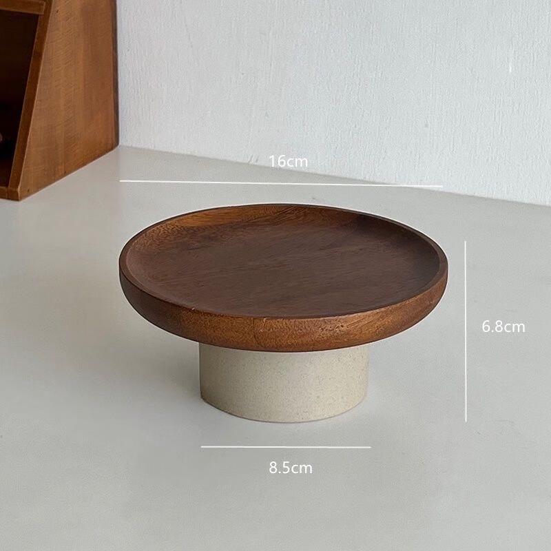 Ru Han Vintage Acacia Wood & Ceramic Footed Fruit & Cake Plate