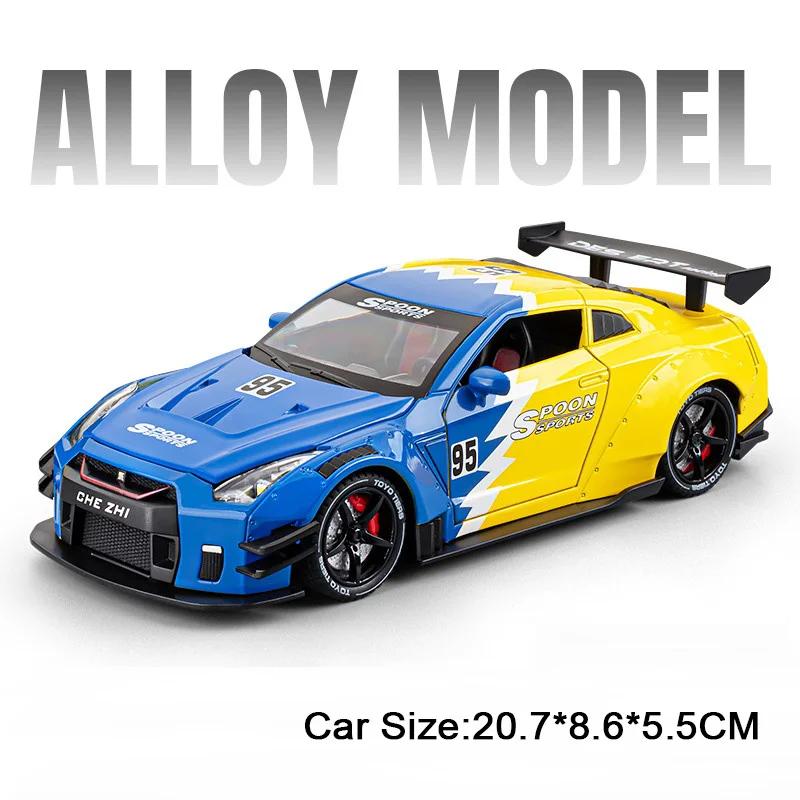 1:24 Scale GTR Racing Car R34 Model Toy Alloy Die-cast Doors Opened Pull Back Sports Cars Models Sound Light Gifts for Chid